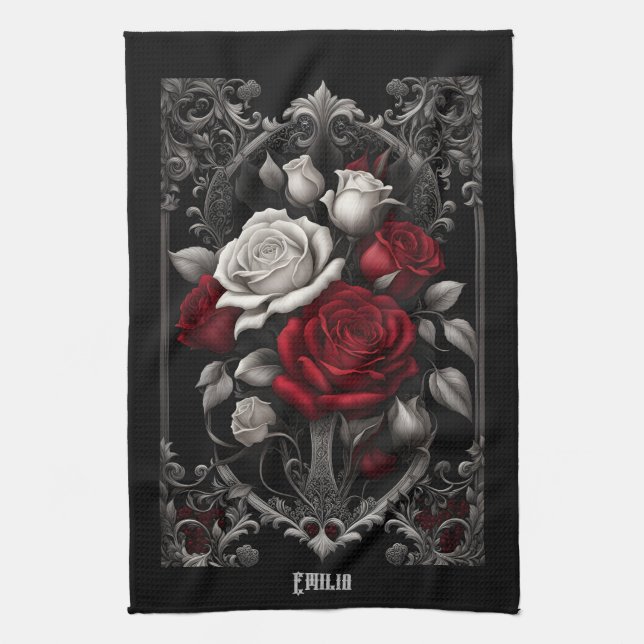 Gothic Roses in Ornate Frame Tea Towel (Vertical)