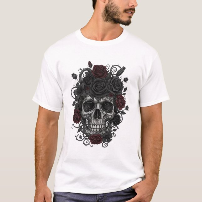 Gothic Roses Skull – Día de los Muertos Art T-Shirt (Front)