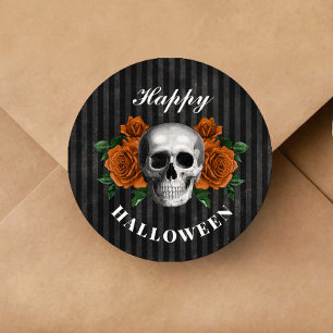 Gothic Roses & Skull Happy Halloween  Classic Round Sticker
