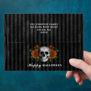 Gothic Roses Skull Happy Halloween Return Address Envelope