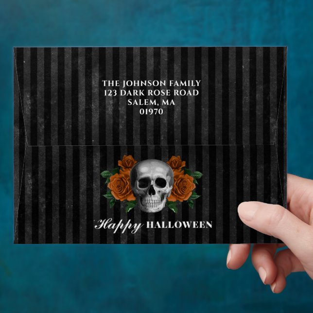 Gothic Roses Skull Happy Halloween Return Address Envelope (Hand)