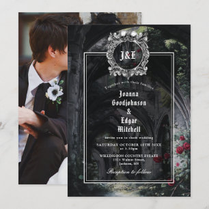 Gothic Ruins Roses Floral Monogram Photo Wedding Invitation