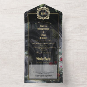Gothic Ruins Roses Floral Monogram Wedding All In One Invitation