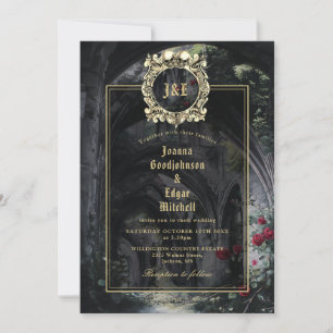 Gothic Ruins Roses Monogram All In One Wedding Invitation