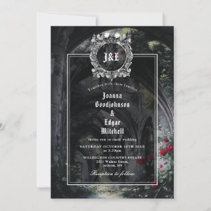 Gothic Ruins Roses Monogram All In One Wedding Invitation