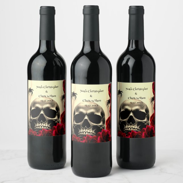Gothic Scary Skull Black Red Roses Halloween Wine Label (Bottles)