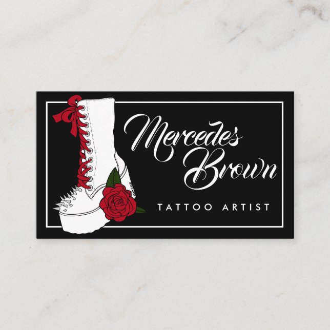 Gothic Script Boot Black Tattoo Artist Business Card (Front)