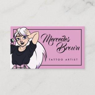 Gothic Script Cartoon Girl Pink Tattoo Artist Business Card