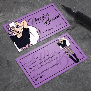 Gothic Script Cartoon Girl Purple Tattoo Artist Business Card