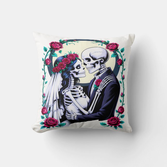 Gothic Skeleton Bride and Groom Dark Romance Cushion (Front)