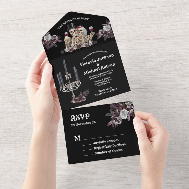 Gothic Skeleton Couple floral Wedding All In One Invitation (Tearaway)