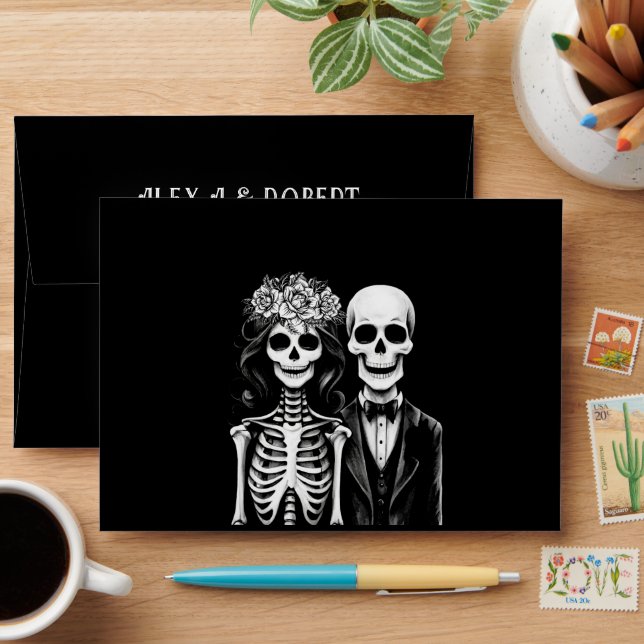 Gothic skeleton couple floral wedding  envelope (Desk)