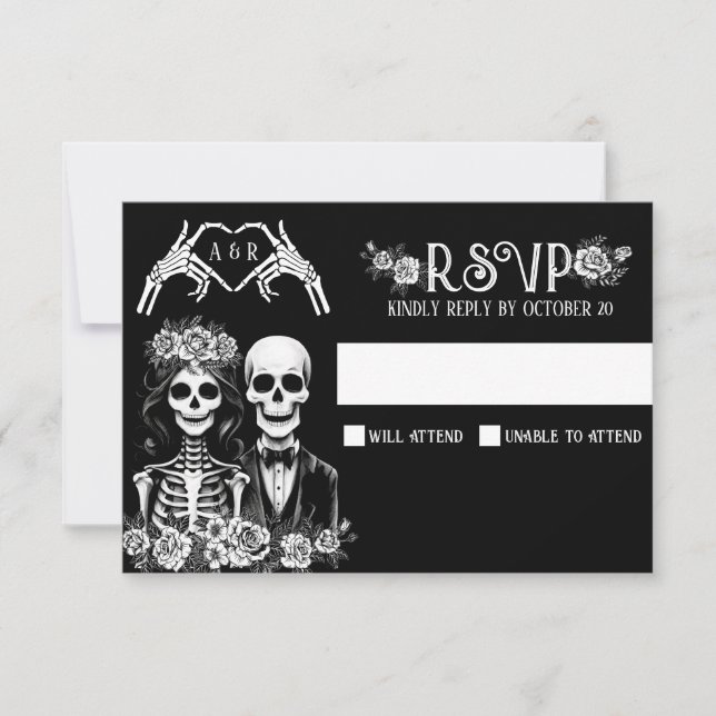 Gothic skeleton couple floral wedding  RSVP card (Front)