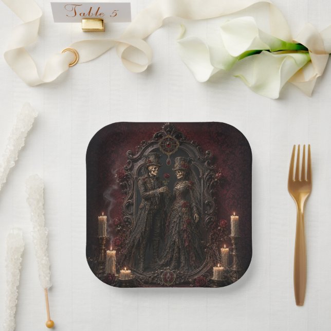 Gothic Skeleton Couple Halloween Party Plate (Wedding)