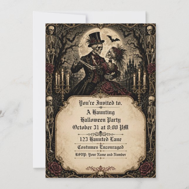 Gothic Skeleton Couple Haunted Halloween Party Invitation (Front)