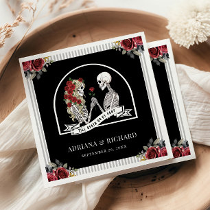 Gothic Skeleton Couple Red Roses Black Wedding Napkin