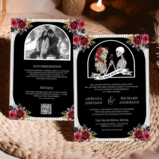 Gothic Skeleton Couple Roses Black QR Code Wedding Invitation (Creator Uploaded)