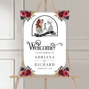 Gothic Skeleton Couple Roses Wedding Welcome Acrylic Sign