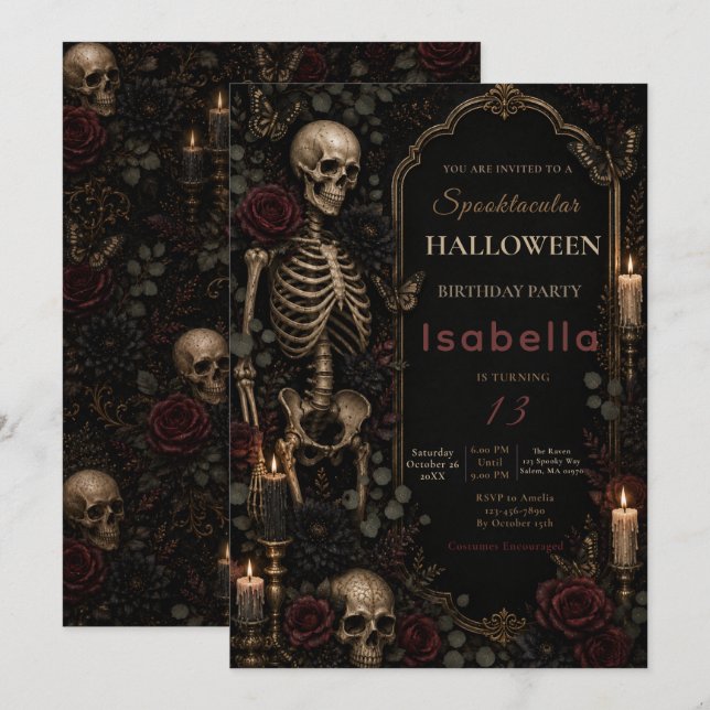 Gothic Skeleton Halloween Birthday Invitation (Front/Back)