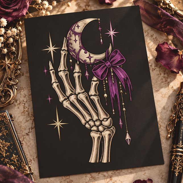 Gothic Skeleton Hand Crescent Moon Bow Postcard (Creator Uploaded)