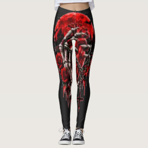 Gothic Skeleton Hands Red Roses Halloween Horror D Leggings