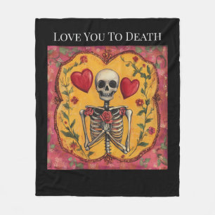 Gothic Skeleton Heart Red Roses Romantic Folk Art Fleece Blanket