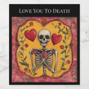 Gothic Skeleton Heart Red Roses Romantic Folk Art Wine Label