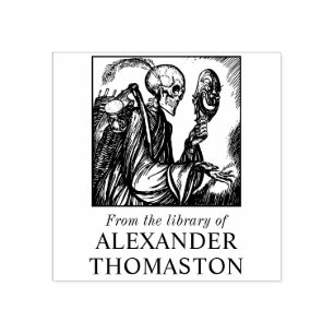 Gothic Skeleton Holding Mask Library Book Name Rubber Stamp