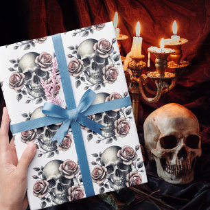 Gothic Skeleton Pink Flowers Cute Romantic  Wrapping Paper