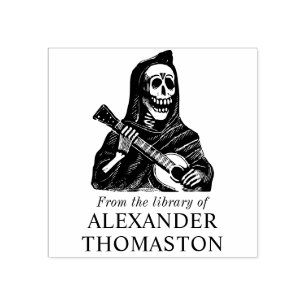 Gothic Skeleton Playing Guitar Library Book Name Rubber Stamp