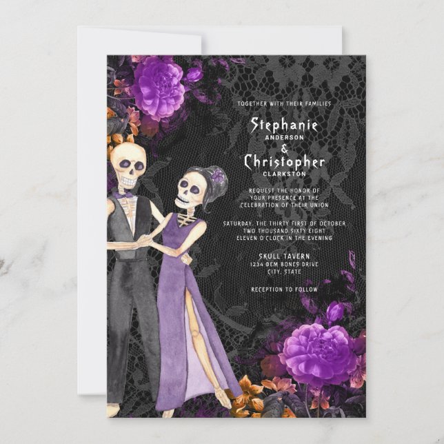 Gothic Skeleton Purple Floral Halloween Wedding Invitation (Front)