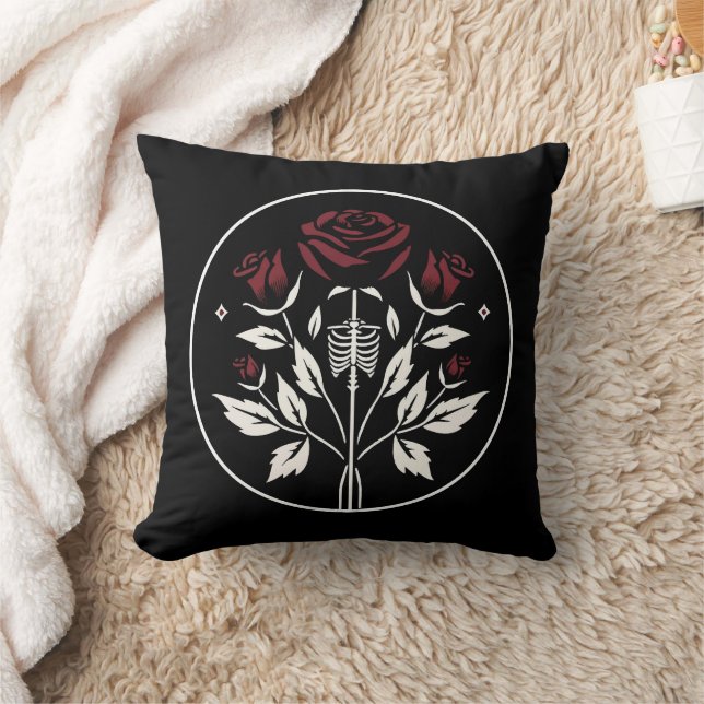 Gothic Skeleton Rib Roses Black Elegant Wedding  Cushion (Blanket)