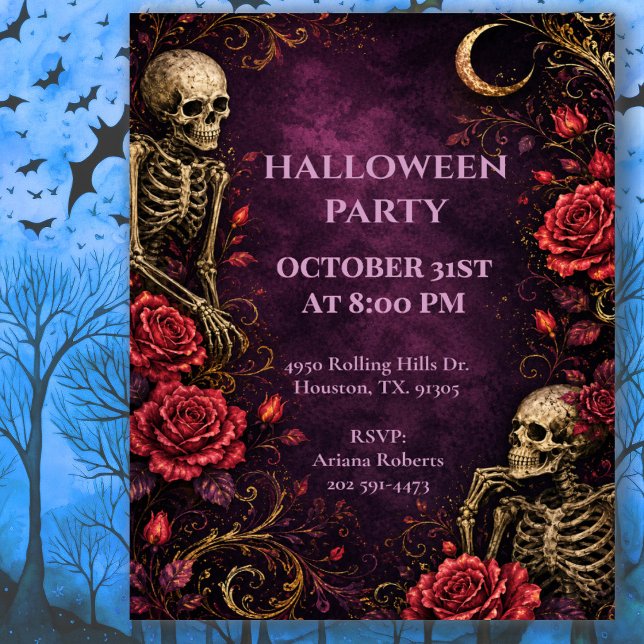 Gothic Skeleton Roses Halloween Party Invitation (Creator Uploaded)