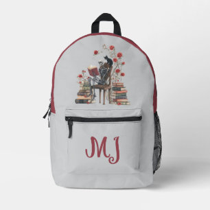 Gothic Skeleton Scholar Reading Book & Black Cat Printed Backpack