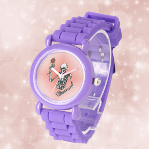 Gothic Skeleton Single Red Rose Watch