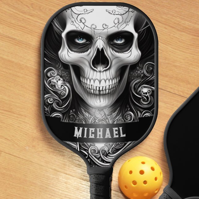 Gothic Skeleton Skull Black & White Name Pickleball Paddle (gothic skeleton skull pickleball paddle)
