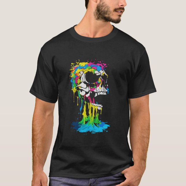 Gothic Skeleton Skull Dripping Paint Weirdcore Hal T-Shirt (Front)