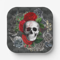Gothic Skeleton Skull Red Roses Grey Floral  Paper