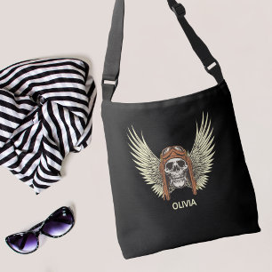 Gothic Skeleton with Aviator helmet and Wings Name Crossbody Bag