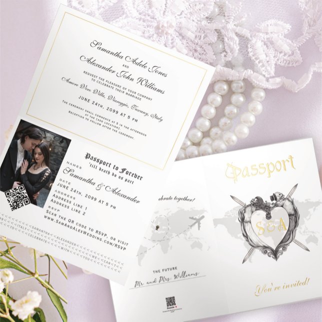 Gothic Skeletons Photo Passport Wedding Invitation (Elegant Gothic Skeleton Passport Wedding Invitation with RSVP QR Code and Wedding Website Address)