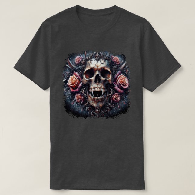 Gothic Skull Adorned with Roses T-Shirt (Design Front)