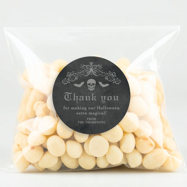 Gothic Skull And Bats Dark Halloween Thank You Classic Round Sticker (Creator Uploaded)