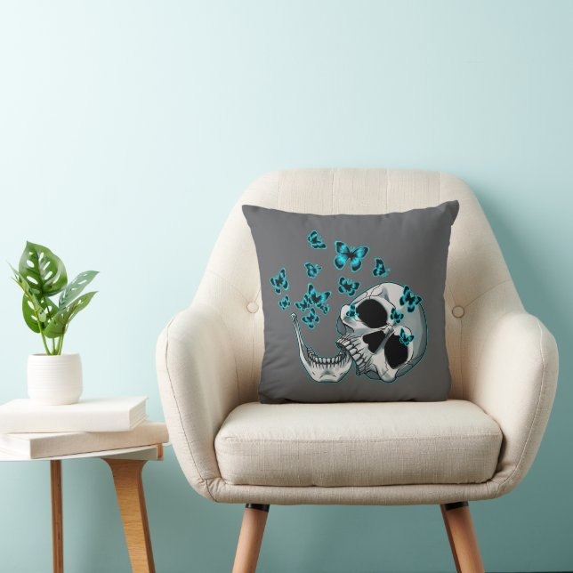Gothic Skull and Blue Butterflies Throw Pillow (Chair)