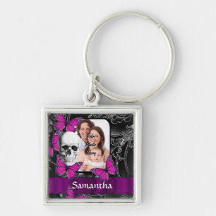 Gothic skull and butterflies key ring