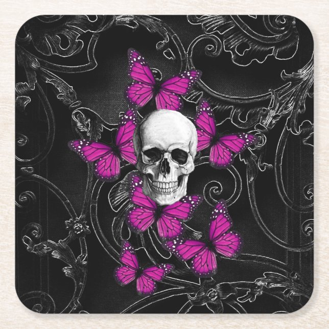 Gothic skull and butterflies square paper coaster (Front)