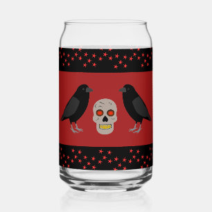 Gothic Skull and Guardian Ravens Halloween Can Glass