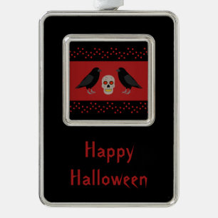 Gothic Skull and Guardian Ravens Halloween Custom Silver Plated Framed Ornament