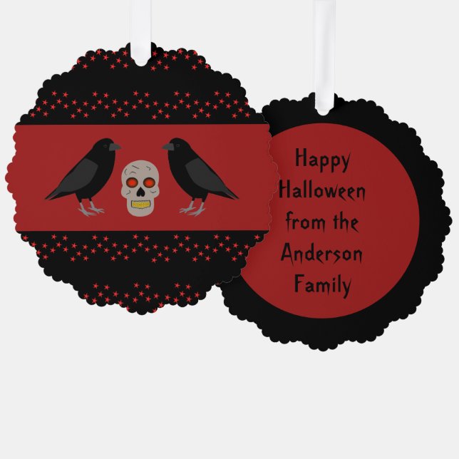 Gothic Skull and Guardian Ravens Halloween Custom Tree Decoration Card (Front/Back)