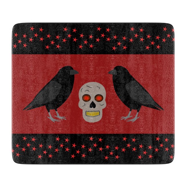 Gothic Skull and Guardian Ravens Halloween Cutting Board (Front)