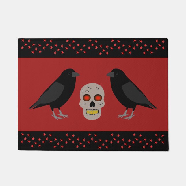 Gothic Skull and Guardian Ravens Halloween Doormat (Front)